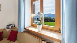 A room with a window seat, a white vase with flowers, a radio, and a view of a green landscape.