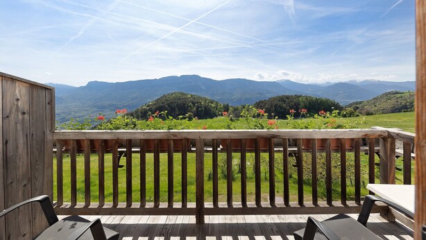 A wooden deck with a table and chairs, overlooking a green landscape with mountains and flowers.