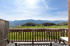 Een houten terras met een tafel en stoelen, met uitzicht op een groen landschap met bergen en bloemen.