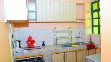 Fridge, microwave, oven, electric kettle
