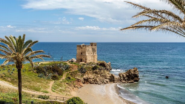 Un paysage côtier avec une tour, des palmiers et une plage.