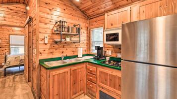 Fridge, microwave, coffee/tea maker, toaster