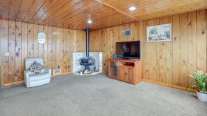 A wooden-paneled room with a fireplace, a television, and a chair. - Hilltop Hideout w/ Sweeping Birch Bay Views (Blaine)