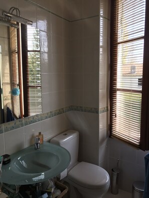 Duschwanne, Haartrockner, Handtücher