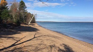 Ein Strand mit sandigem Ufer, Bäumen und blauem Himmel.