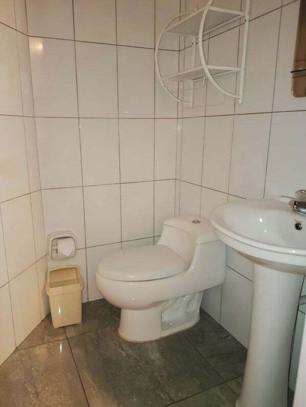 Un baño pequeño y limpio, con inodoro, lavabo y cubo de basura.