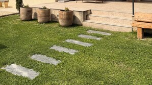 Una casa con un patio, muebles de exterior y plantas en macetas.
