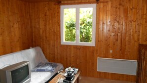 Une petite pièce aux murs en bois, une fenêtre donnant sur un paysage verdoyant, un canapé blanc, un téléviseur et une table sur laquelle se trouvent divers objets.