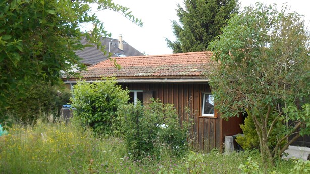 Une maison en bois, surmontée d’un toit recouvert de tuiles rouges, entourée d’une végétation luxuriante et de fleurs sauvages.