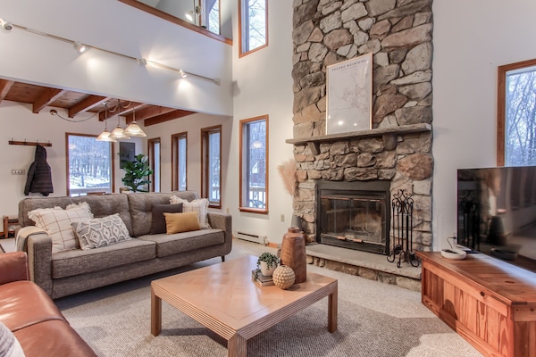 Two story vaulted ceiling with lots of windows for natural light & woodsy views