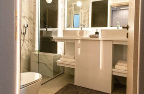 Shower, hair dryer, towels, soap - Aether Home - Modern & Luxe Stay with 65 TV by TT (Athens)