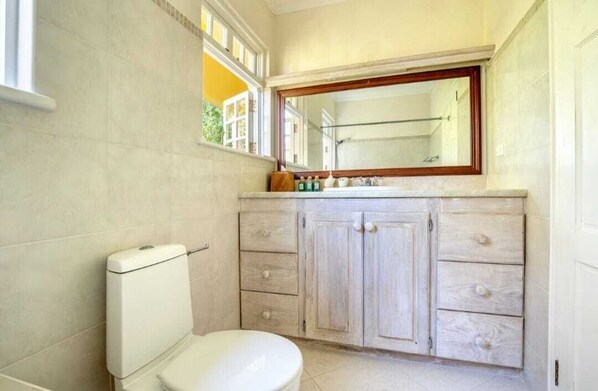 A bathroom with a toilet, a wooden cabinet with drawers, and a mirror above the sink.