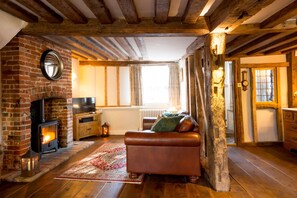 Smart TV, chimenea, libros y estéreo 