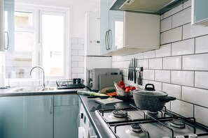 Une cuisine moderne équipée d’une cuisinière à gaz, d’un évier et d’une fenêtre.