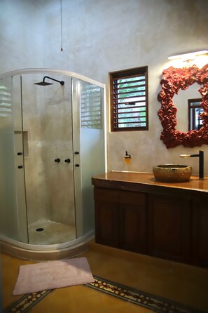 Combined shower/bathtub, towels, soap, shampoo