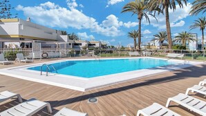 Ein Pool mit Liegestühlen und Palmen.