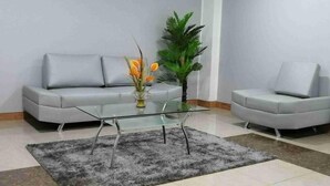 A modern living room with a glass coffee table, two grey sofas, a dark grey rug, and a potted plant. - San Isidro Grand Hotel (Nazca)