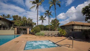 A swimming pool with a hot tub, surrounded by palm trees and lounge chairs, indicating a resort setting.