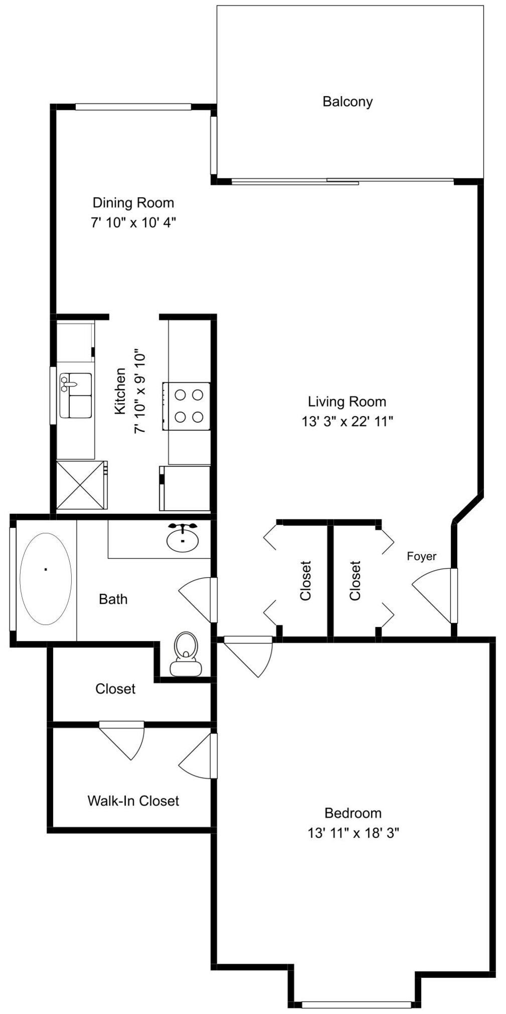 A floor plan with a balcony, dining room, kitchen, living room, bathroom, walk-in closet, bedroom, and foyers.