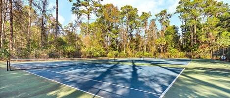A tennis court surrounded by tall trees.