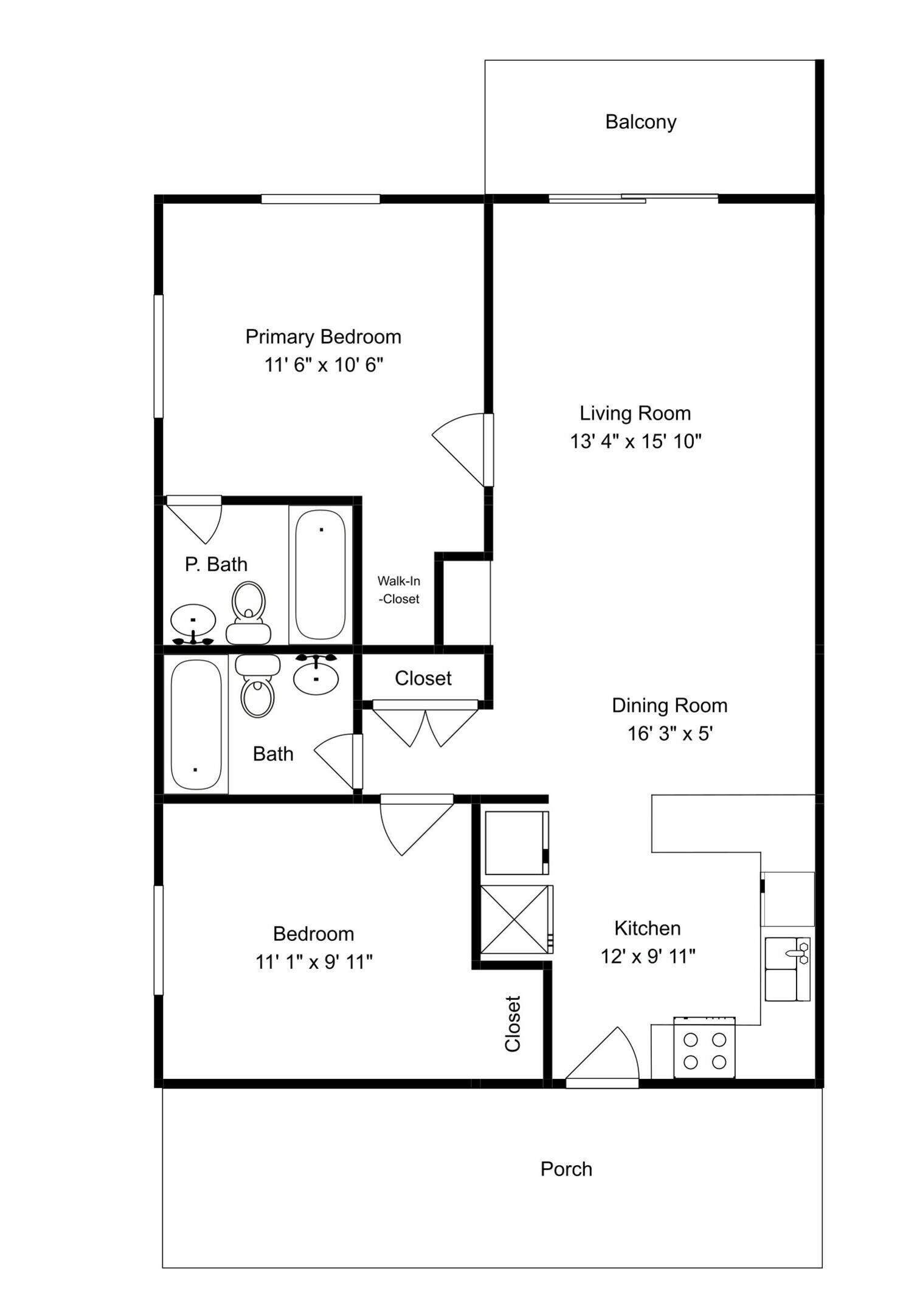 A floor plan with a primary bedroom, living room, dining room, kitchen, bathroom, and balcony.