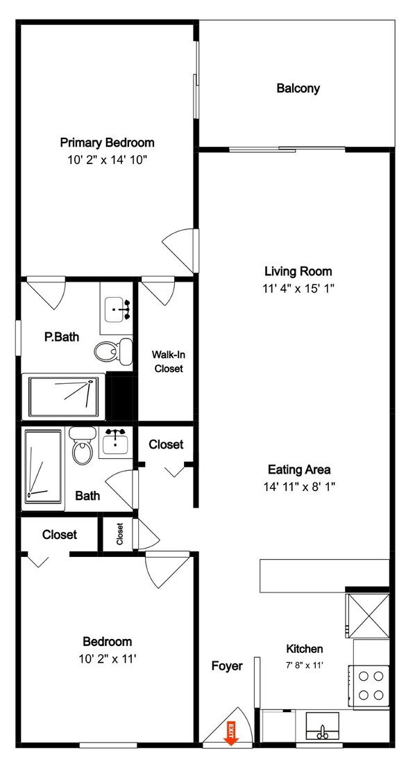 Plano de planta que muestra un dormitorio principal, balcón, sala de estar, baño privado, vestidor, armario, comedor, dormitorio adicional, vestíbulo y cocina.
