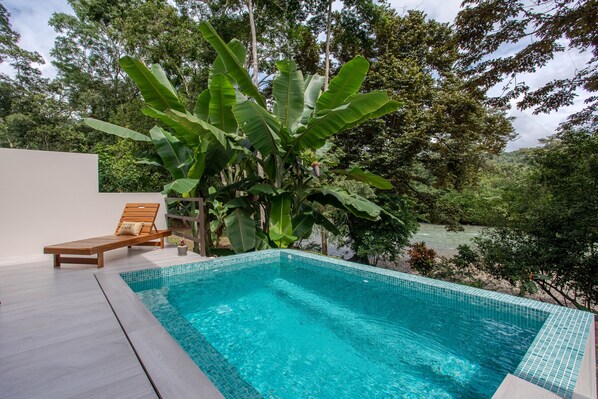 A rectangular pool with clear blue water, surrounded by a wooden deck and a white wall. - Secluded Luxury Rainforest Villa on the Baru River close to Dominical Beach ! (Dominical)