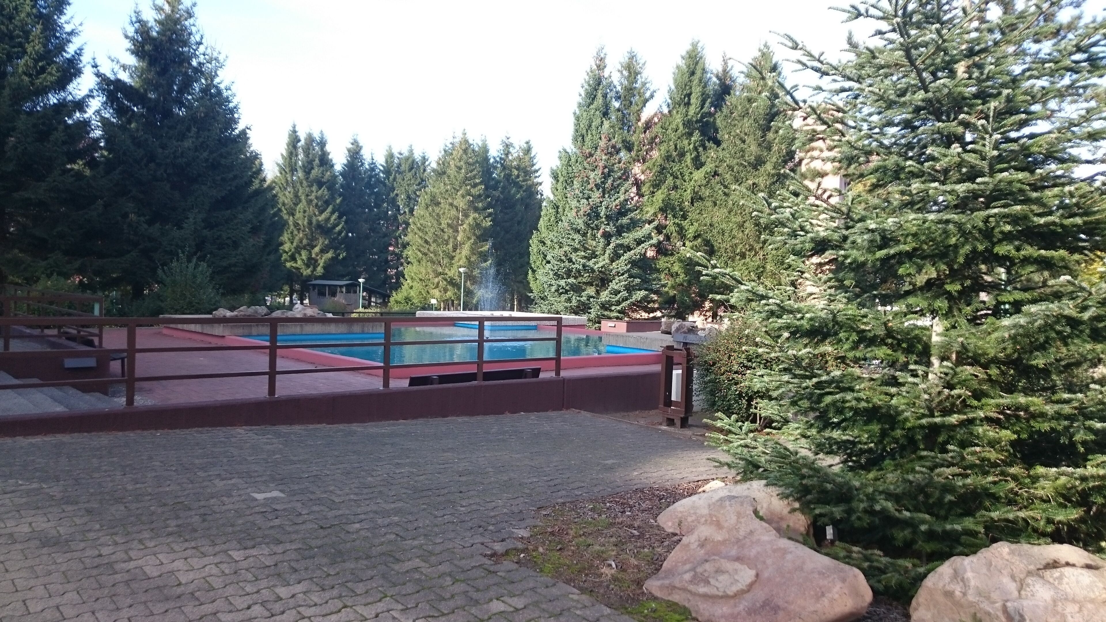 Una piscina con muelle de madera, rodeada de árboles y rocas.