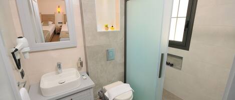 A modern bathroom with a sink, mirror, toilet, and a shower area.