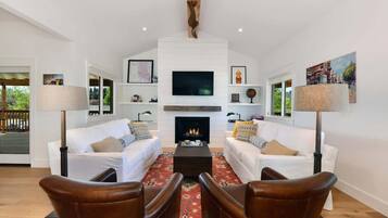 Smart TV, fireplace, books