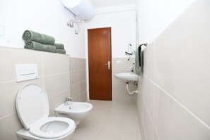 Shower, hair dryer, bidet, towels