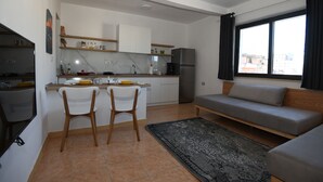 Ein kompakter Wohnraum mit Küchenzeile, zwei weißen Stühlen, einem grauen Sofa und einem gemusterten Teppich.