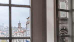 A view through a window with a grid pattern, featuring a clock tower and classical architecture in the background.