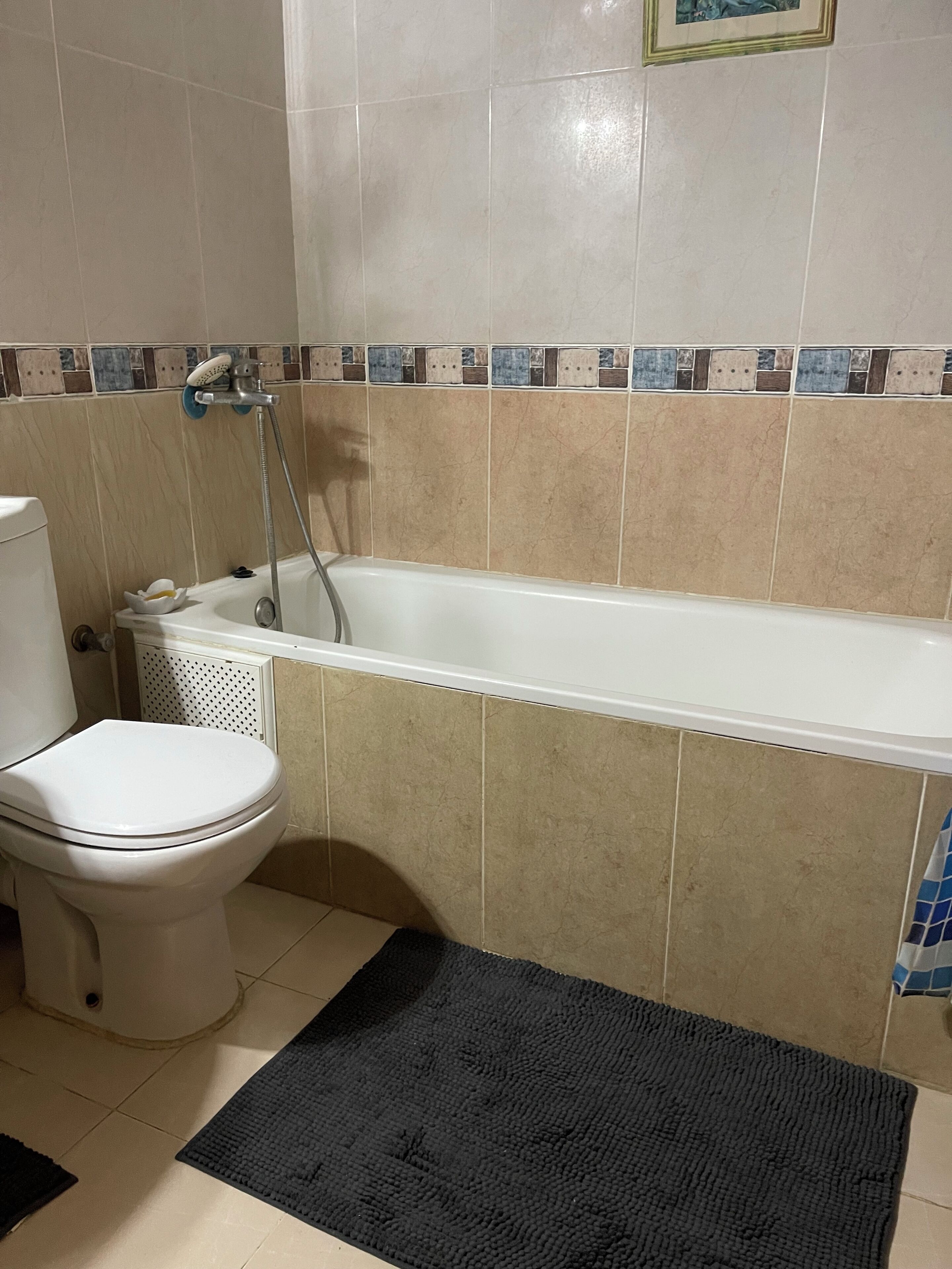 Un baño con inodoro, bañera y ducha.