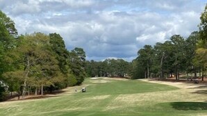 A golf course with a clear sky, trees, and a few people.
