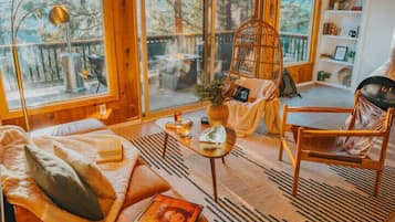 Smart TV, chimenea, libros y biblioteca musical