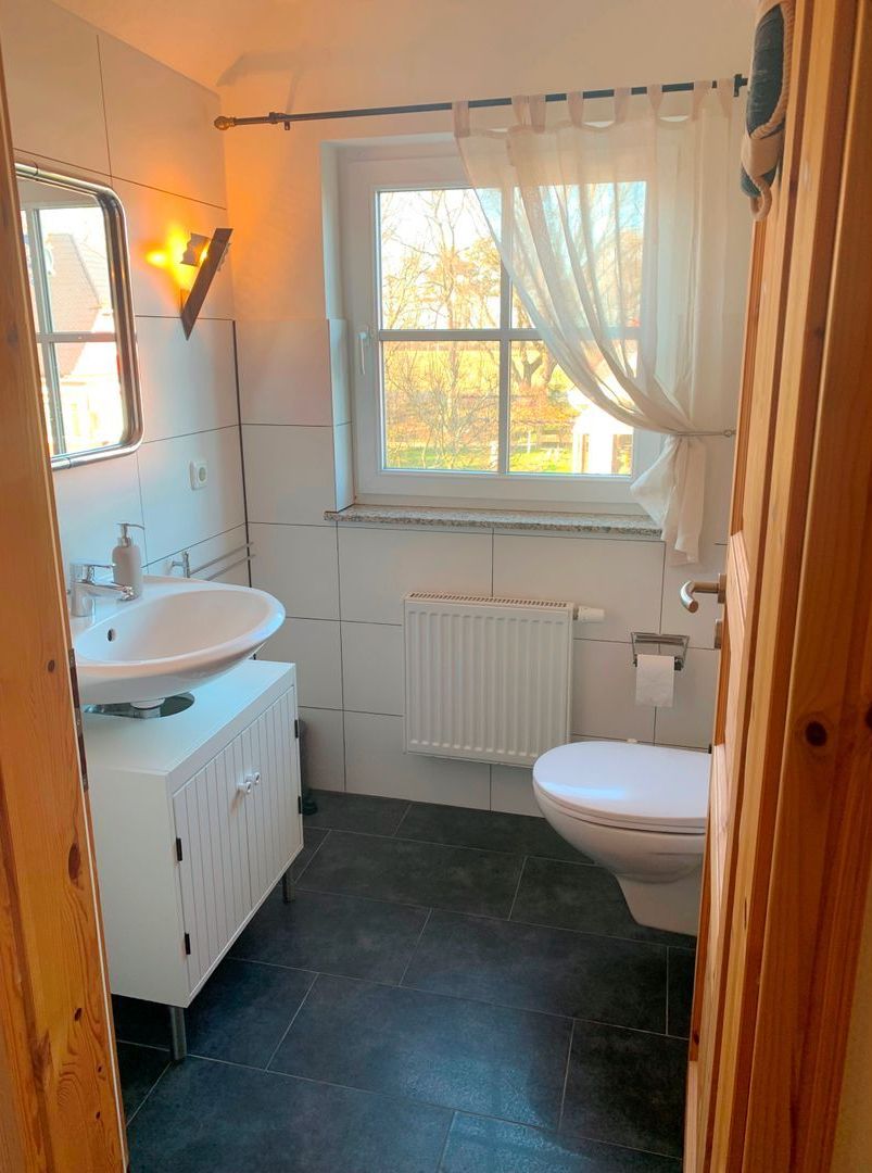 A bathroom with a white sink, a toilet, and a window with curtains.