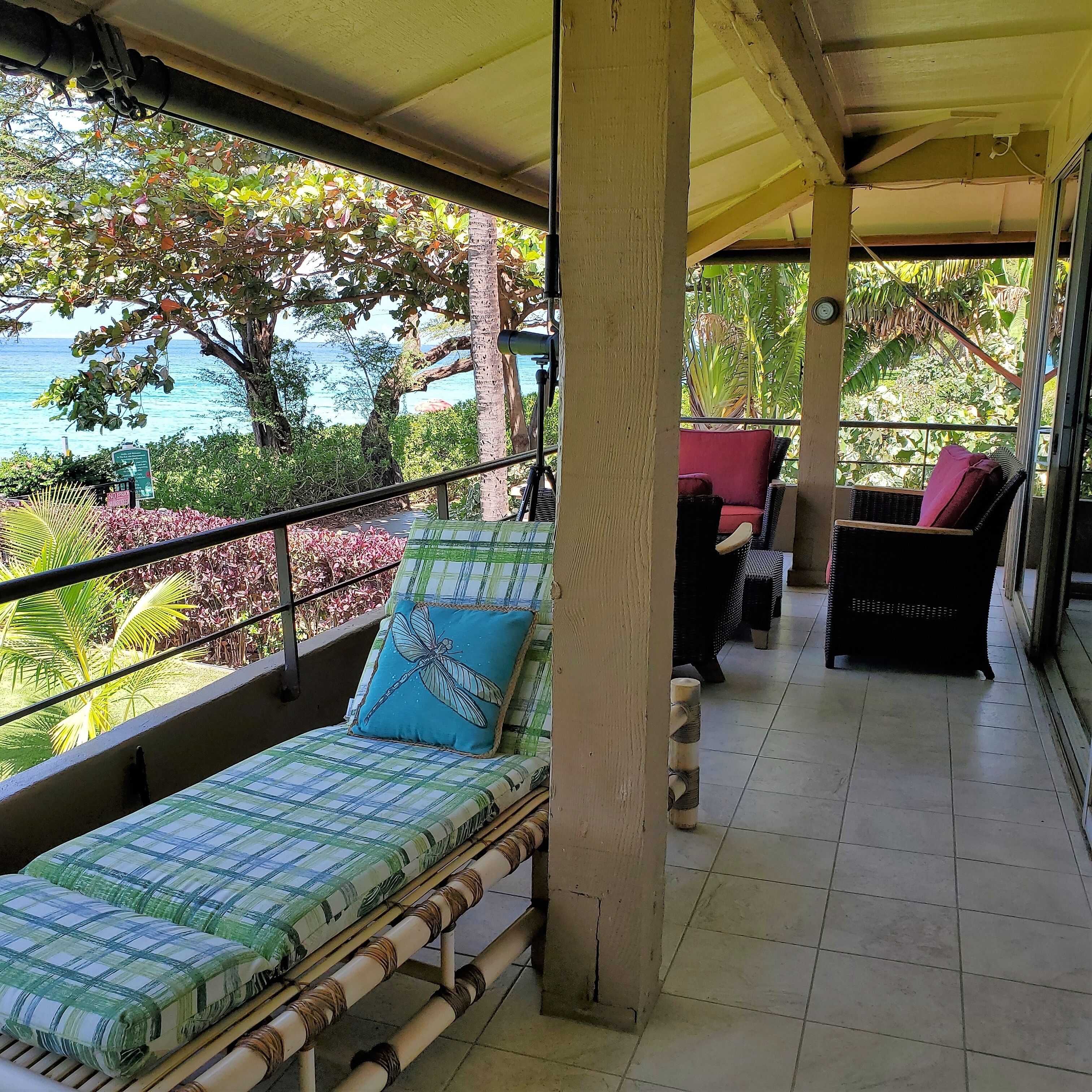 Un espace extérieur aménagé, abrité et doté de sièges, offrant une vue sur la mer, avec un canapé agrémenté d’un coussin représentant une libellule et une chaise avec un coussin rose.