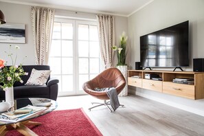 Tv, eldstad, dvd-spelare och en stereo