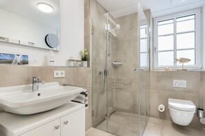 Shower, hair dryer, towels