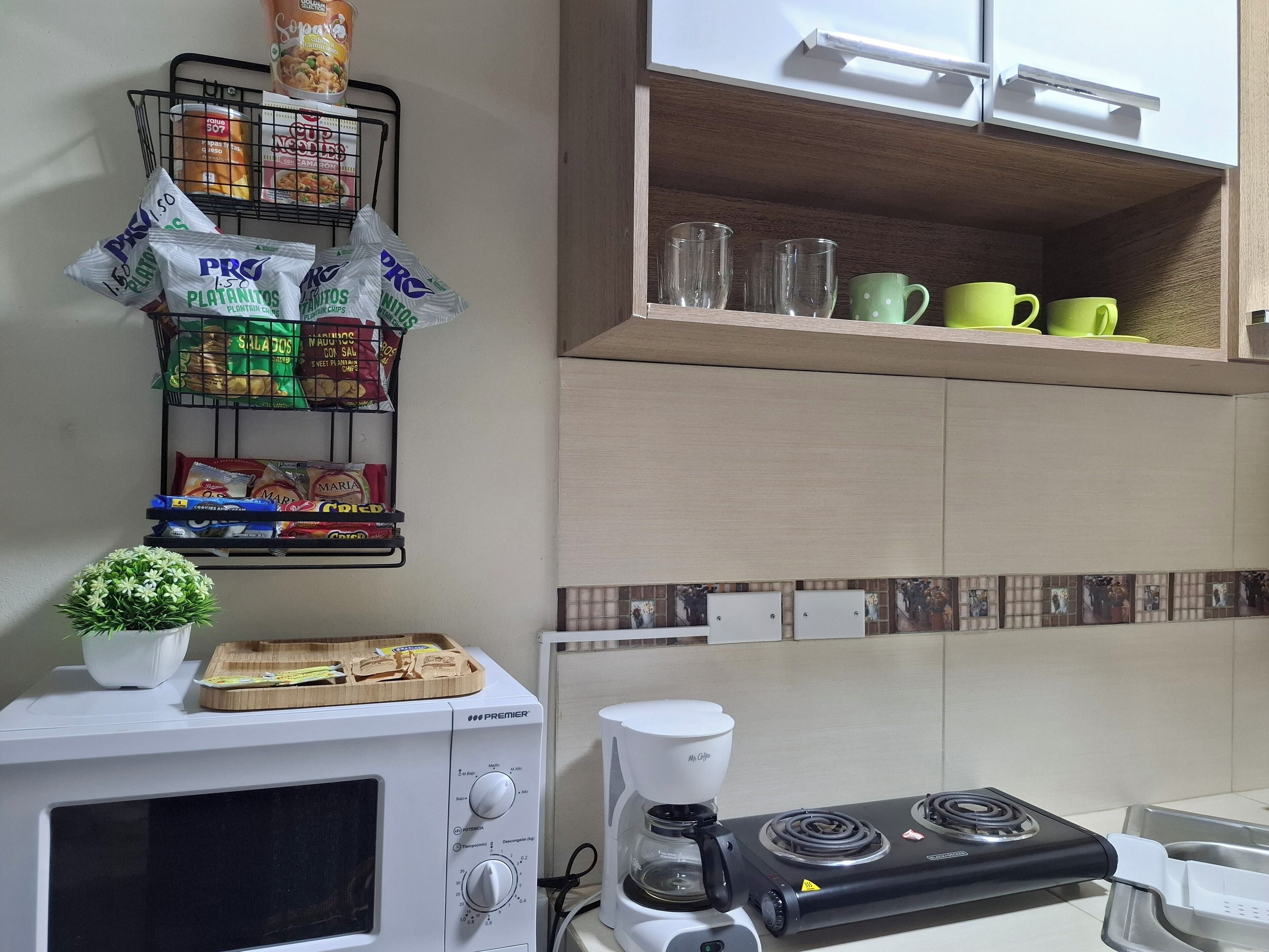 Fridge, microwave, coffee/tea maker, electric kettle