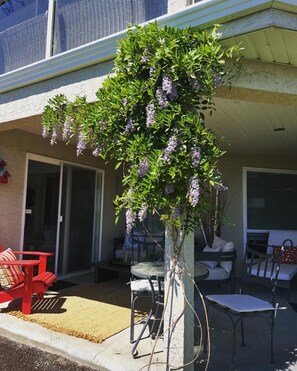 A covered patio area with outdoor seating, a wisteria plant, and a sliding glass door. - Legal 1 bedroom Guest Suite for two, with lake views & walk to wineries.  (West Kelowna)