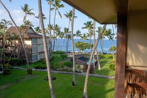 Blick auf ein Hotel mit Pool, Palmen und einem Strand im Hintergrund.