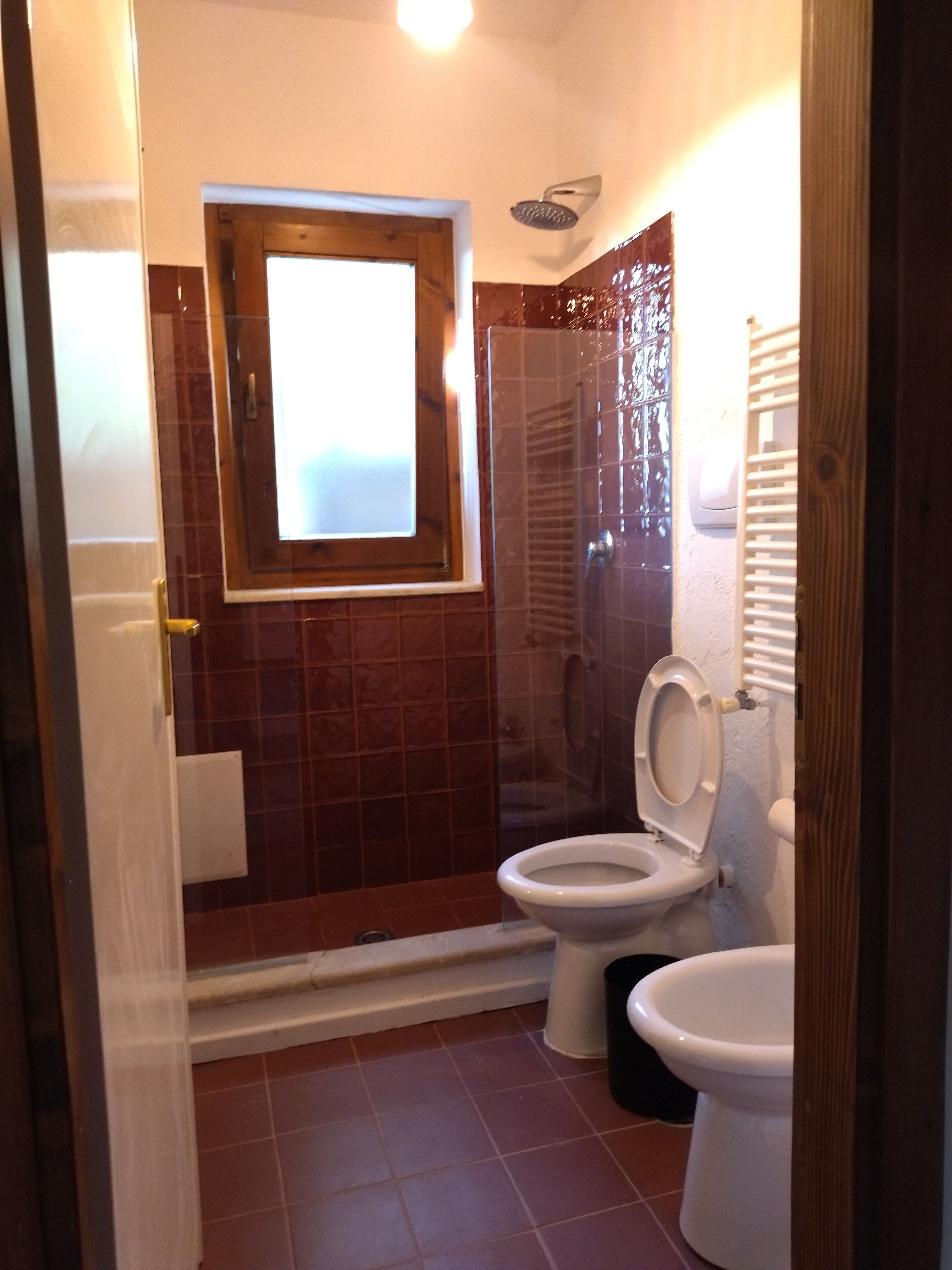 Une salle de bain avec une douche, deux toilettes et une fenêtre.