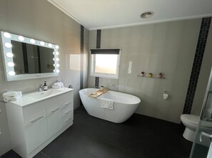 Bañera con ducha, secador de pelo, toallas