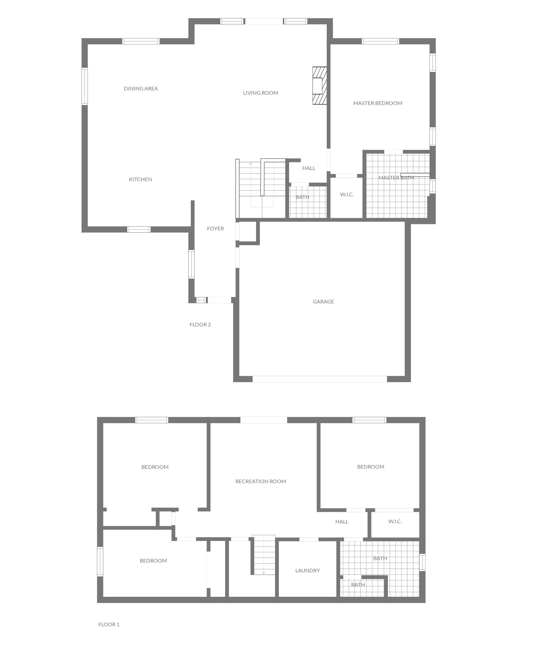 A floor plan of a two-story house with a dining area, kitchen, living room, master bedroom, hall, foyer, and garage.
