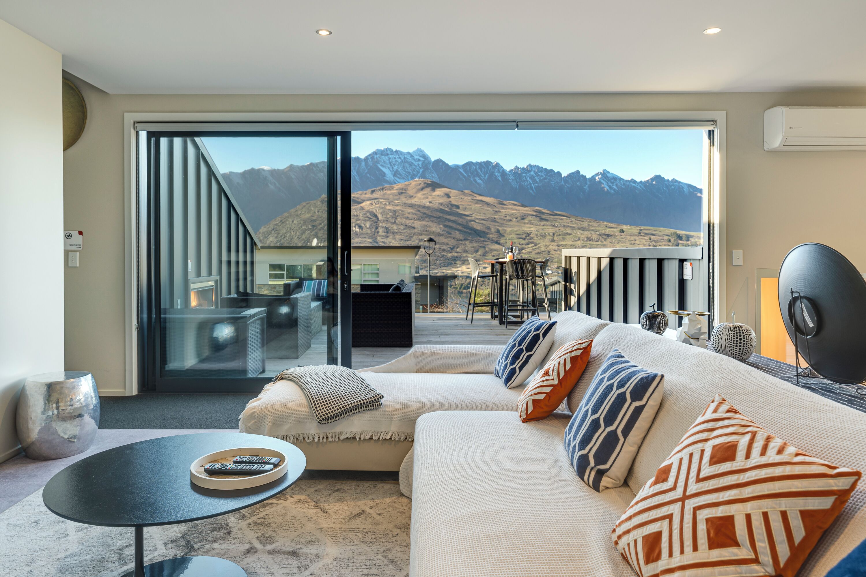 Smart TV, fireplace, books