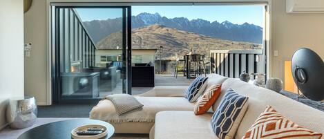 Smart TV, fireplace, books