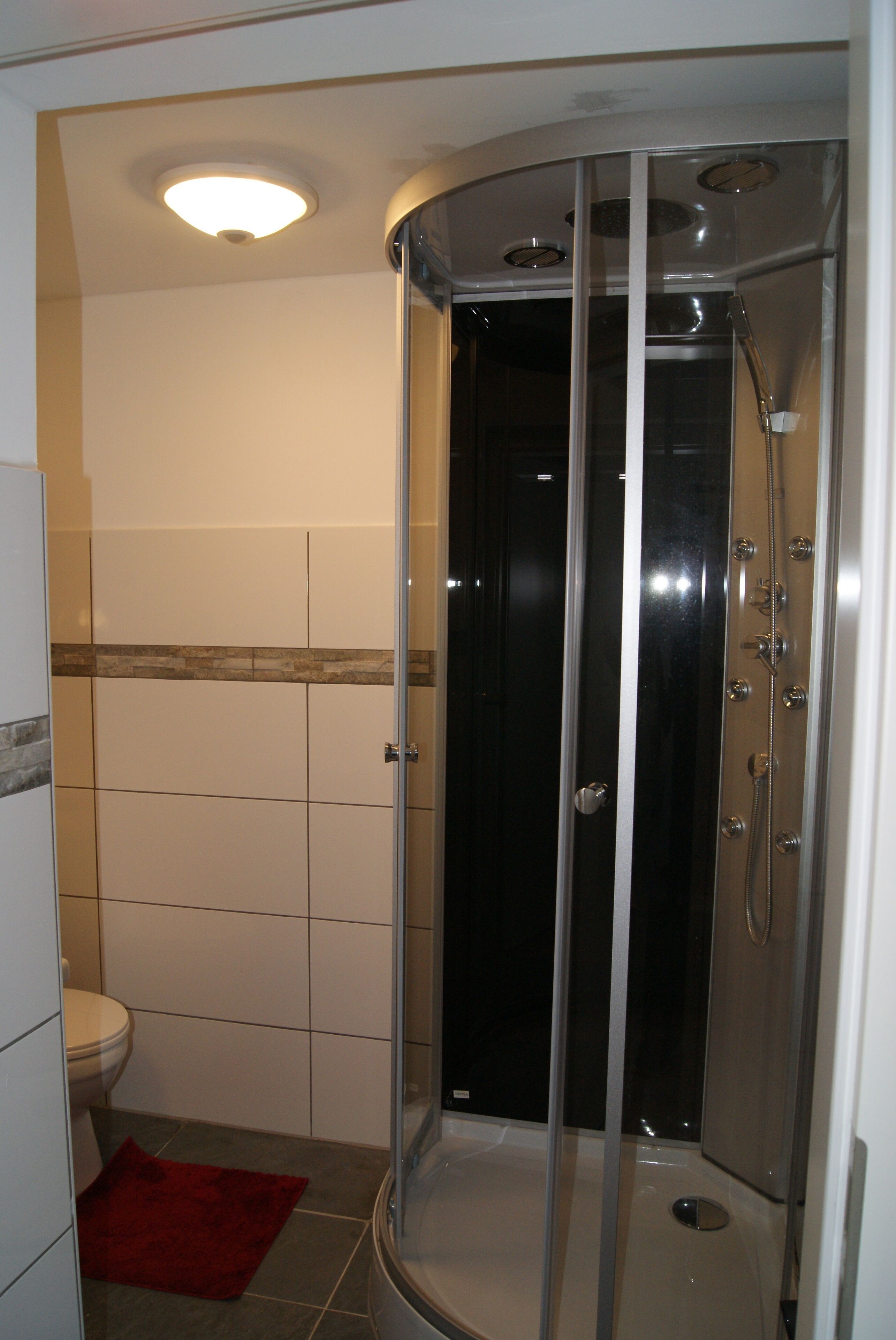 A shower with a glass door, a toilet, and a red rug in a bathroom with tiled walls.