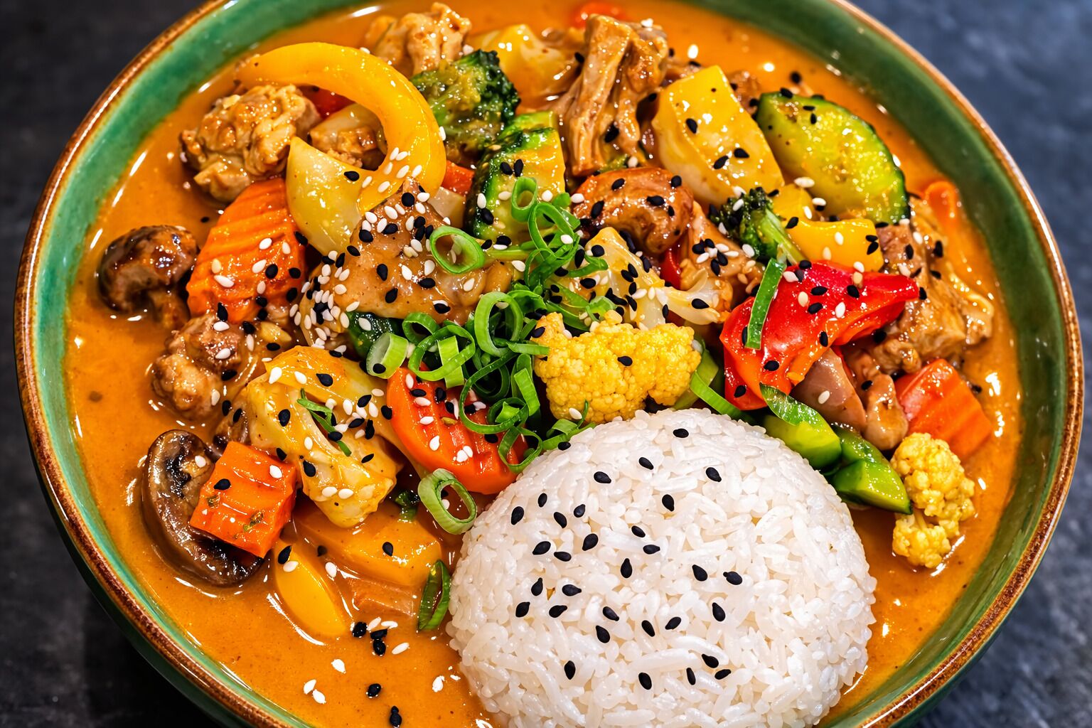 A bowl of curry with vegetables and rice, garnished with sesame seeds and green onions.